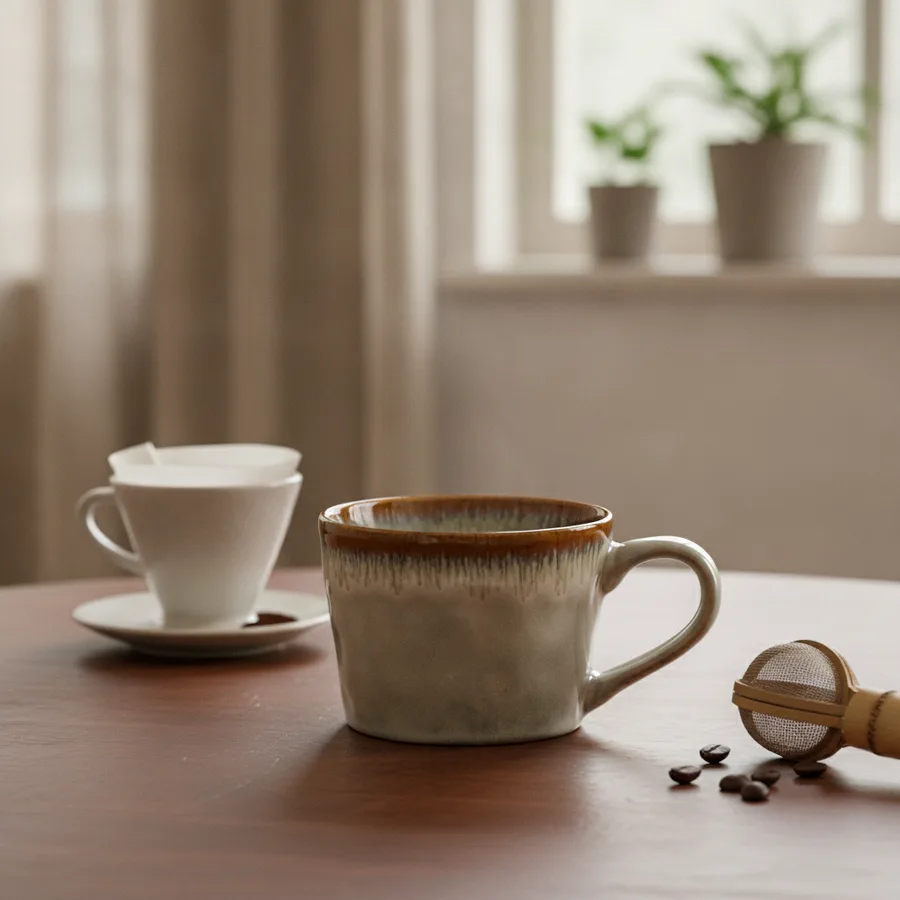 Top view of the unique ceramic mug showing the glazed interior