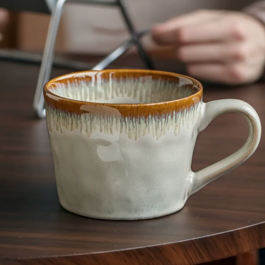 A lifestyle shot of the artisan-made mug on a wooden table