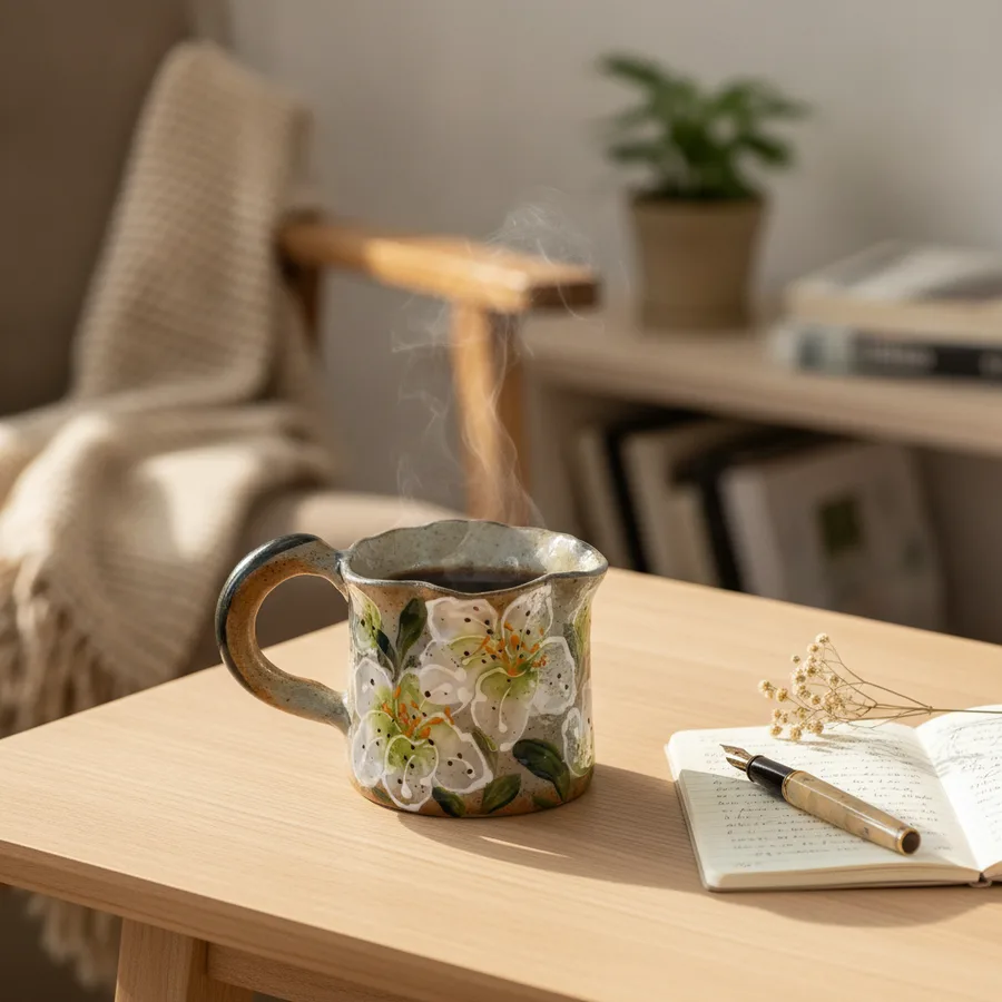 Top view of artisanal ceramic mug with unique texture
