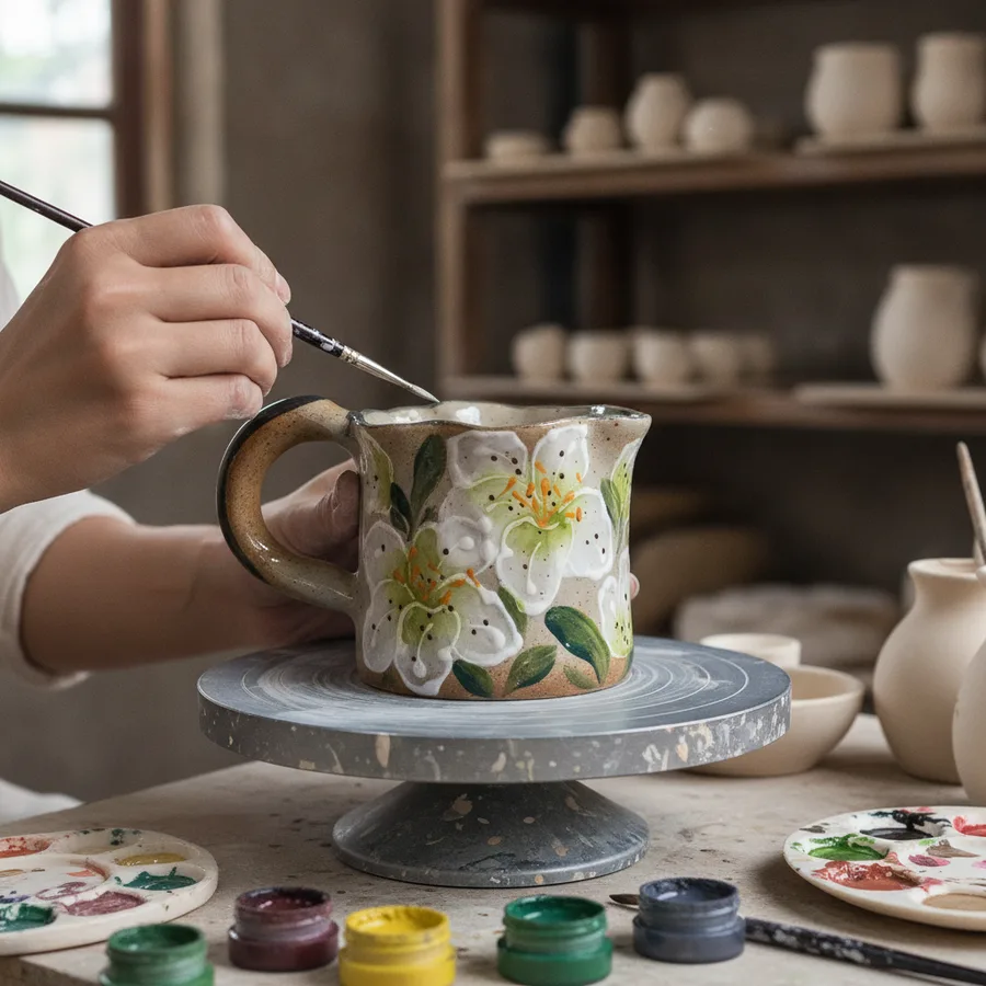 Hand-Painted Underglaze Retro Ceramic Coffee Mug by Linsen Ceramics — process