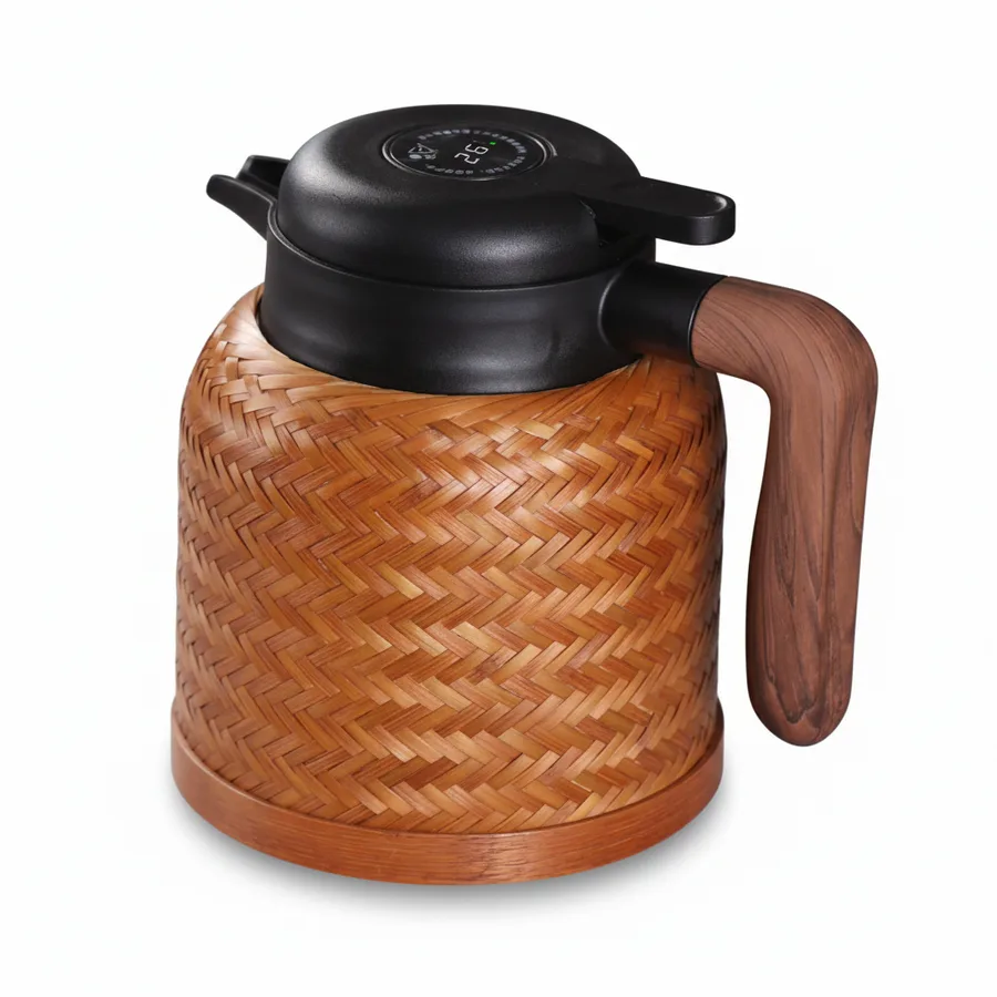 A thermal carafe with a hand-woven bamboo exterior and a smart temperature display on the lid