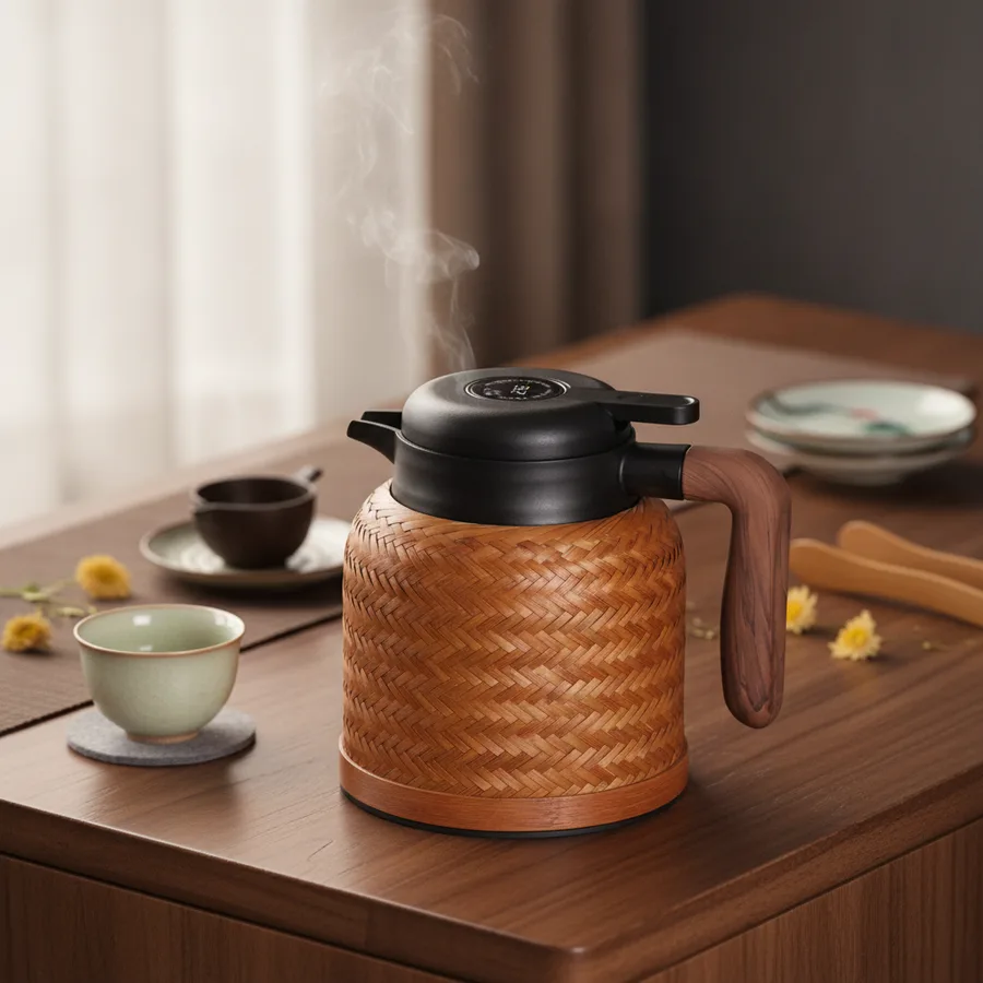 Close-up of the intricate bamboo weave texture on the thermal carafe