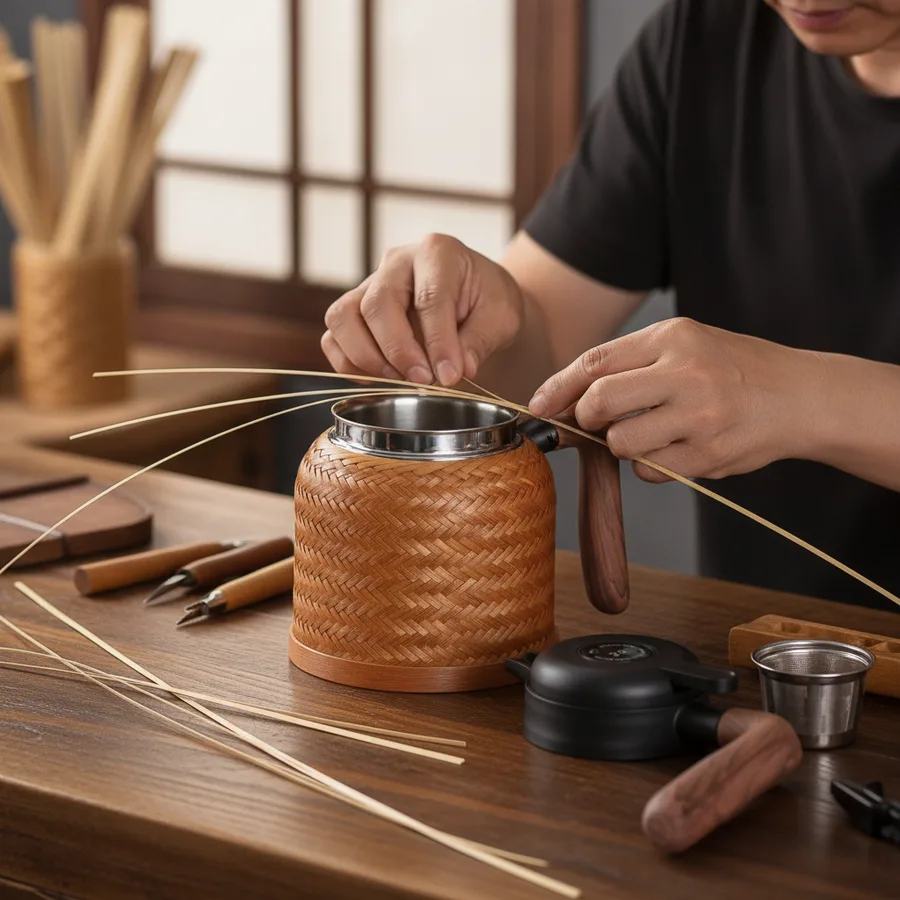 An artisan thermal carafe with a ceramic-lined interior and removable tea infuser